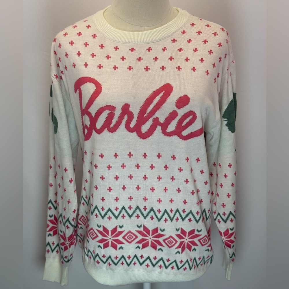 Barbie‎ Women's Holiday Knit Sweater - White, Pink, and Green